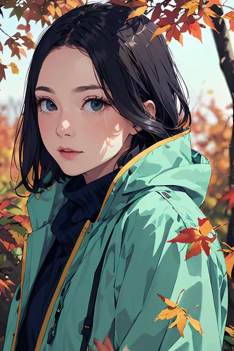 best quality, masterpiece, detailed, realistic, RAW photo, medium close up Navy Blue, Coral, and Mint Green colors a woman,  autumn, winter clothes