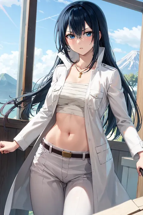 ((best quality)), ((highly detailed)), masterpiece, absurdres, extremely detailed face, beautiful face, (detailed eyes, deep eyes), (1girl), dynamic pose, cowboy shot, <lora:kunieda_Beelzebub:1>, kunieda_aoi_aiwaifu69, black hair, very long hair, hair between eyes, blue eyes, necklace, sarashi, bandages, midriff, open clothes, white shirt, collarbone, belt, long sleeves, white jacket, long coat, white pants, (on a volcano, dawn)