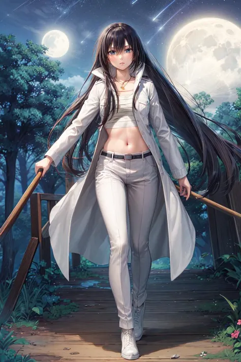 ((best quality)), ((highly detailed)), masterpiece, absurdres, detailed face, beautiful face, (detailed eyes, deep eyes), (1girl), full body, <lora:hairdetailer:1>, <lora:kunieda_Beelzebub:1>, kunieda_aoi_aiwaifu69, black hair, very long hair, hair between eyes, blue eyes, necklace, sarashi, bandages, midriff, open clothes, white shirt, collarbone, belt, long sleeves, white jacket, long coat, white pants, (at a forest, forest canopy, midnight, night sky, stars, broken moon, shooting star)