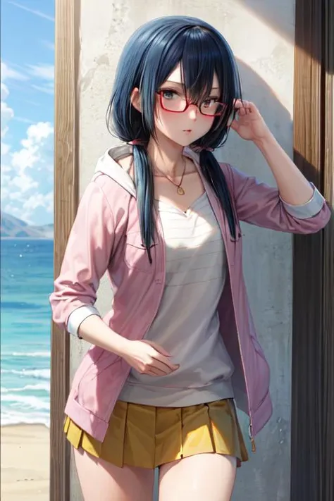 ((best quality)), ((highly detailed)), masterpiece, absurdres, extremely detailed face, beautiful face, (detailed eyes, deep eyes), (1girl), dynamic pose, cowboy shot, <lora:hairdetailer:.9>, <lora:kunieda_Beelzebub:1>, kunieda_aoi_aiwaifu69, black hair, very long hair, hair between eyes, blue eyes, BREAK, (short twintails, low twintails), glasses, red-framed eyewear, semi-rimless eyewear, collarbone, white blouse, (((pink) hoodie, short sleeved hoodie)), open hoodie, open clothes, ((yellow skirt)), pink socks, red sneakers, (at a glacier, dawn)