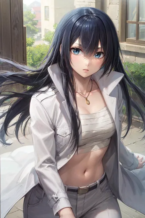 ((best quality)), ((highly detailed)), masterpiece, absurdres, (detailed eyes, deep eyes), (1girl), dynamic pose, upper body, <lora:hairdetailer:1>, <lora:kunieda_Beelzebub:1>, kunieda_aoi_aiwaifu69, black hair, very long hair, hair between eyes, blue eyes, necklace, sarashi, bandages, midriff, open clothes, white shirt, collarbone, belt, long sleeves, white jacket, long coat, white pants, (in a town, morning, sunrise)