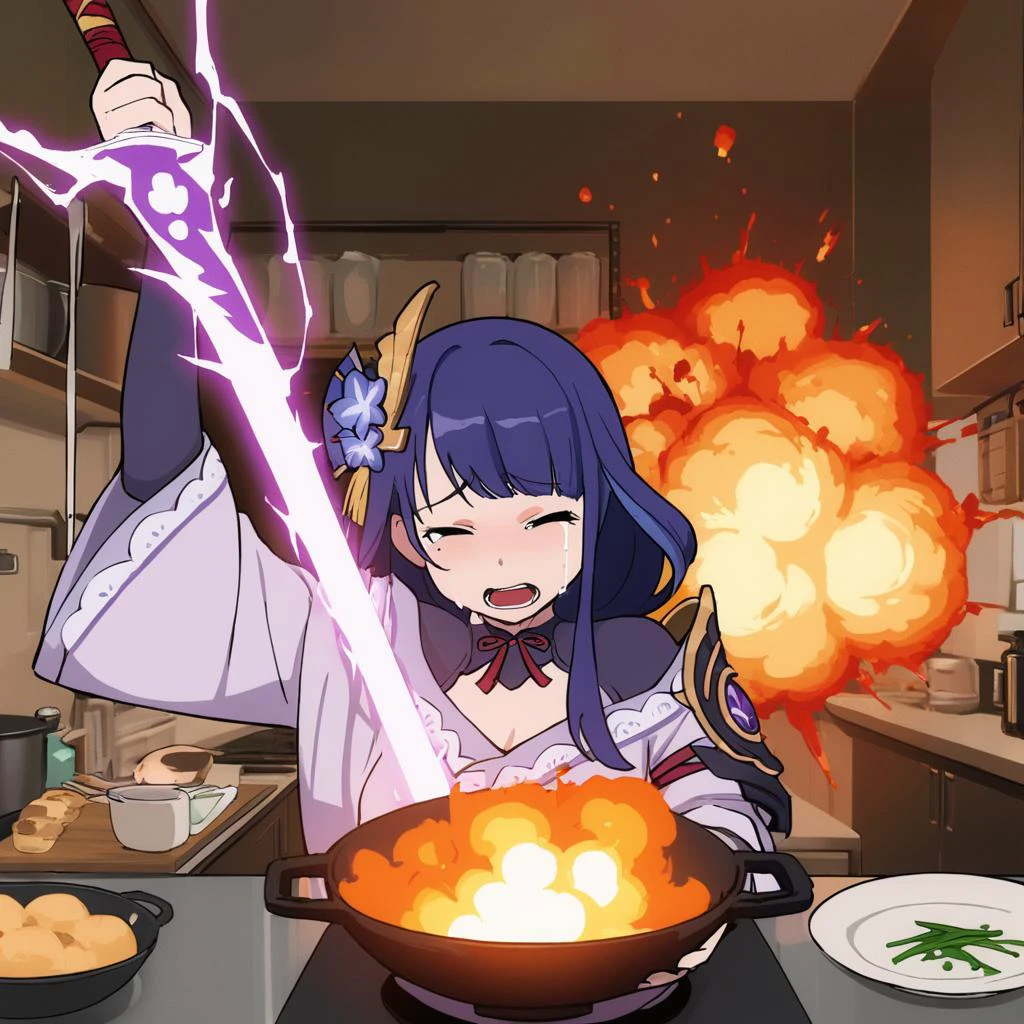 masterpiece, best quality,
1girl,solo,raiden shogun, kitchen, cooking,crying, open mouth, tears,holding weapon,sword,purple sword,electricity,
indoors,explosion,fire,