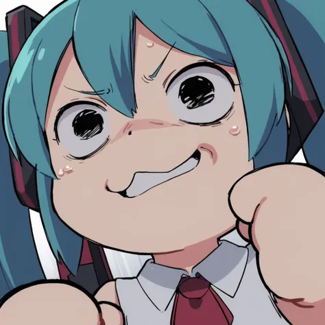 masterpiece, best quality, 1girl,solo,hatsune miku, meme face,chibi,