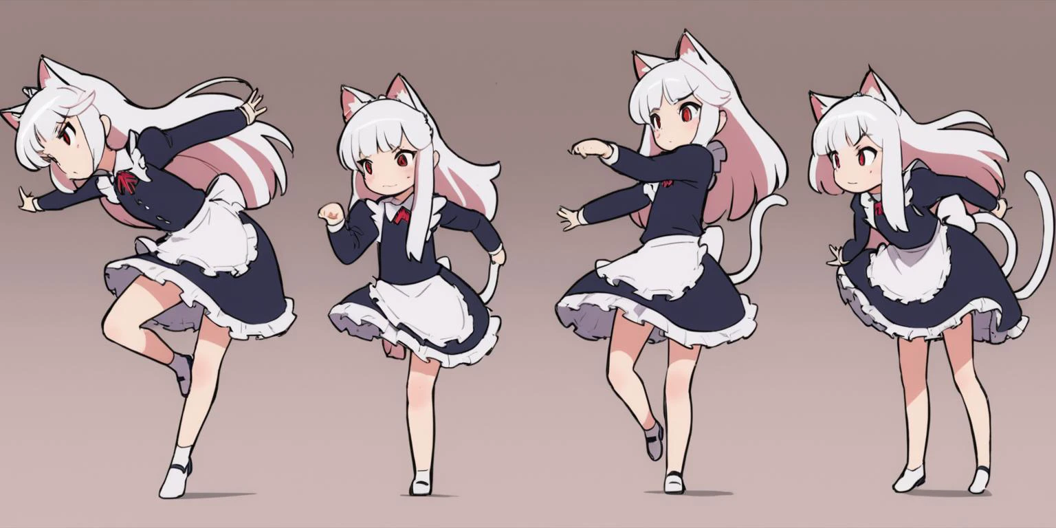 masterpiece, best quality,1girl,solo,full body,standing, little girl,dancing,dancing sequential frames,
cat ears,maid,red eyes,cat tail,white hair,long hair,bangs, 
simple background, white background,