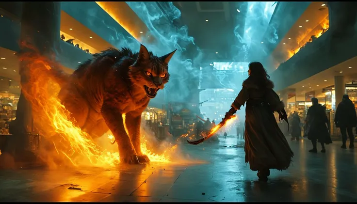In a dynamic, cinematic, HDR-inspired style, the sorceress stands tall in the midst of a chaotic, smoke-filled shopping mall, her powerful flamethrower casting a warm glow on the surrounding racks and kiosks as she confronts two massive, snarling cat-beasts with razor-sharp claws and glowing red eyes, their fur singed and smoldering from her blasts, one beast crouched low, ready to pounce, while the other rises up on its hind legs, swiping at the air with a burning claw as shoppers flee in panic, escalators stalled, and security alarms blaring.