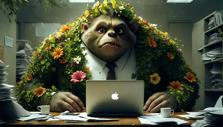 In surreal, digitally manipulated humor, a behemoth of a man with a chest that has mutated into a lush, vibrant jungle teeming with exotic flowers, vines, and tiny, furry creatures such as raccoons, opossums, and squirrels frolicking amidst the foliage, sits at a desk in a drab, beige-colored office cubicle, surrounded by stacks of papers, folders, and empty coffee cups, wearing a crisp white shirt and tie, his massive frame spilling out of the cubicle walls as he works on a laptop with a bemused expression, shot in a comedic, hyper-realistic style with deliberate digital manipulation.