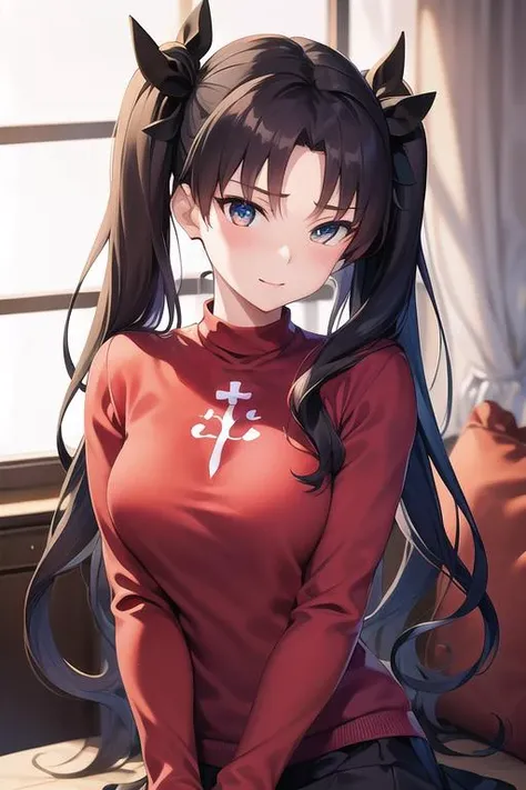 (best quality), [masterpiece], ((beautiful:0.75) cute girl:0.75), [clear and clean] pixiv (illustration), ((RinTohsaka)), black hair, black skirt, red sweater,  twintails, <lora:RinTohsaka2DX:0.8>