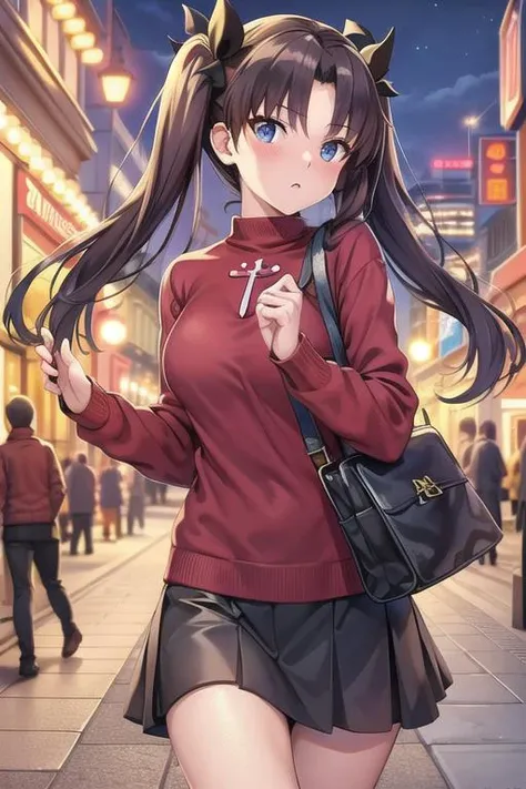 (best quality), [masterpiece], ((beautiful:0.75) cute girl:0.75), [clear and clean] pixiv (illustration), ((RinTohsaka)), street, walking, night, black hair, black skirt, red sweater,  twintails, <lora:RinTohsakaHD:0.8>