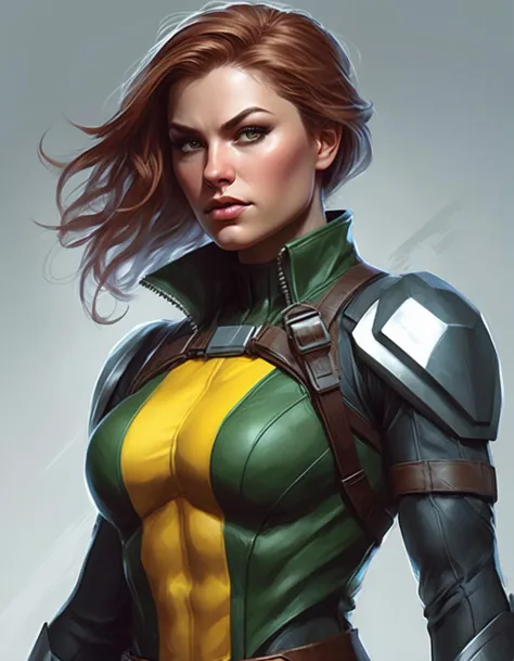 <lora:AP105-64 v2:1.0>, waist up  of  annpqnssth , as Rogue from the X-men, highly detailed, digital painting, artstation, concept art, sharp focus, illustration, art by Tony Sart and artgerm and randy vargas