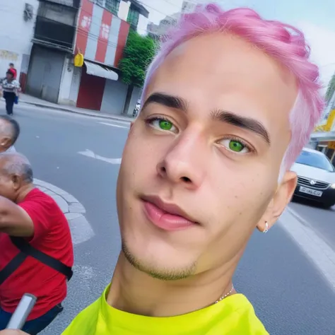 A man with pink hair, taking a selfie, in the streets,beautiful,highly detailed, high detailed skin,thin face, white skin, green eyes, instagram photo, skin pores,Zeiss 150mm f/2.8 <lora:BrazilGPamateur-000012:0.9>