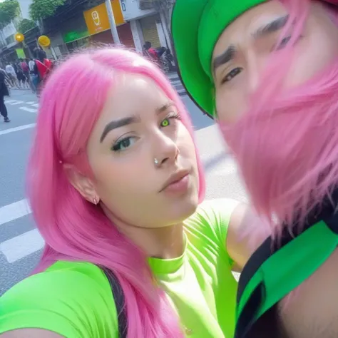A man with pink hair, taking a selfie, in the streets,beautiful,highly detailed, high detailed skin,fat face, white skin, green eyes, instagram photo, skin pores,Zeiss 150mm f/2.8 <lora:BrazilGPamateur-000012:0.9>
