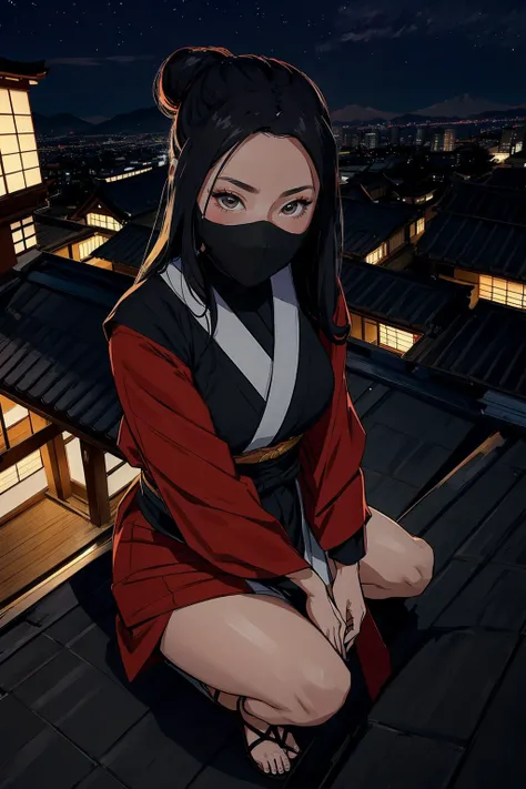 Anime style, ninja dojo in mountain, clouds around, trees, female ninja, mask, long black hair in moviment, ninja sexy dress, training in nunchacko