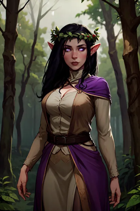 ch3rryg1g, cowboy shot of beautiful elf girl, black hair, purple glowing eyes, head wreath, forest <lora:sxz-cherry-gig-new:0.7>