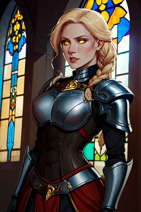ch3rryg1g, portrait of beautiful paladin lady, ornate armor, pauldrons, breastplate, black corset, blonde hair, braid, glowing yellow eyes, temple indoors, stained glass <lora:sxz-cherry-gig-new:0.7>
