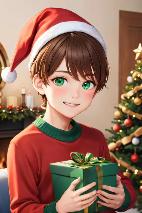 8k, best quality, young boy, short brown hair, green eyes, smiling, christmas sweater, hat, holding present, living room