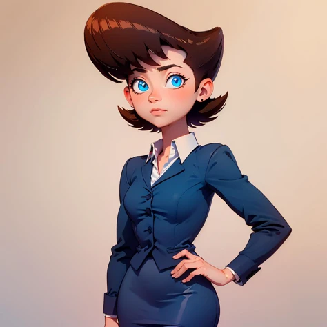 solo, portrait, 1girl, Lila test, formal, suit, jacket, blue skirt, pencil skirt , blue eyes, brown hair, white shirt, short hair,  <lora:Lila_Test_Leaf2:0.8>, gradient background,