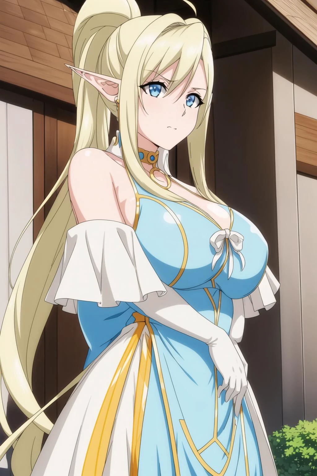 (day),a house with a mountain in the background and trees in the foreground,blue_sky,outdoors,
Standing at attention,
bare_shoulders, white_gloves,dress, elbow_gloves, white dress,Choker,
<lora:more_details:0.2>,<lora:Mariana_Luciano_NON_VIRGIN-KK77-V1:0.3>,<lora:Rutina_Harem-KK77-V2:0.7>,pointy ears, elf, jewelry,
blonde_hair,hair_between_eyes, jewelry, long_hair, long_pointy_ears, high ponytail, hair_ornament,blue_flower,Blue_Eyes,
1 girl, 20yo,Young female,Beautiful Finger,Beautiful long legs,Beautiful body,Beautiful Nose,Beautiful character design, perfect eyes, perfect face,expressive eyes,
looking at viewer, in the center of the image,(Upper_body),(Focus on her face),
official art,extremely detailed CG unity 8k wallpaper, perfect lighting,Colorful, Bright_Front_face_Lighting,shiny skin,
(masterpiece:1.0),(best_quality:1.0), ultra high res,4K,ultra-detailed,
photography, 8K, HDR, highres, absurdres:1.2, Kodak portra 400, film grain, blurry background, bokeh:1.2, lens flare, (vibrant_color:1.2)
(Beautiful,large_Breasts:1.4), (beautiful_face:1.5),(narrow_waist),