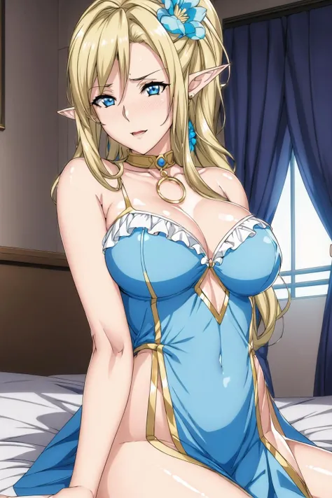 (Night:1.7), a bedroom with a bed,
((Sitting at attention)),(Sitting_on_bed:1.5),
frills,blue dress, Bikini,bare Navel,bare shoulders, bare arms, bare legs,
<lora:more_details:0.2>,<lora:Mariana_Luciano_NON_VIRGIN-KK77-V1:0.5>,<lora:Rutina_Harem-KK77-V2:0.6>,pointy ears, elf, jewelry,
blonde_hair,hair_between_eyes, jewelry, long_hair, long_pointy_ears, high ponytail, hair_ornament,blue_flower,Blue_Eyes,
1 girl, 20yo,Young female,Beautiful Finger,Beautiful long legs,Beautiful body,Beautiful Nose,Beautiful character design, perfect eyes, perfect face,expressive eyes,
((looking_at_viewer)),(Upper_body),(Focus on her face),Light_Smile,
official art,extremely detailed CG unity 8k wallpaper, perfect lighting,Colorful, Bright_Front_face_Lighting,shiny skin,
(masterpiece:1.0),(best_quality:1.0), ultra high res,4K,ultra-detailed,
photography, 8K, HDR, highres, absurdres:1.2, Kodak portra 400, film grain, blurry background, bokeh:1.2, lens flare, (vibrant_color:1.2)
(Beautiful,large_Breasts:1.4), (beautiful_face:1.5),(narrow_waist),