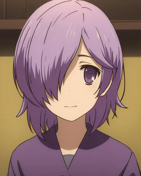 ((masterpiece)), (( best quality)), 1girl, solo, hair over one eye, short hair, purple eyes, purple hair, upper body, looking at viewer, <lora:Panibaru-lion8bit-noreg:0.7>,