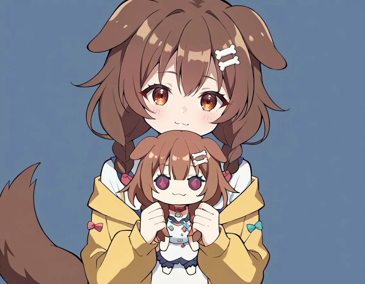 <lora:anipony_XL:0.5>, score_9, score_8_up, score_7_up, solo, source_anime, anime screenshot, flat coloring, rating_general, <lora:koroneXL:0.8> korone_base, yellow jacket, white dress, off shoulder, animal collar, low twin braids, bone hair ornament, dog tail, BREAK, standing holding doll, simple background <lora:holding_fufu_pony_d16:1> holding character doll, upper body shot, holding plushie, one hand under doll