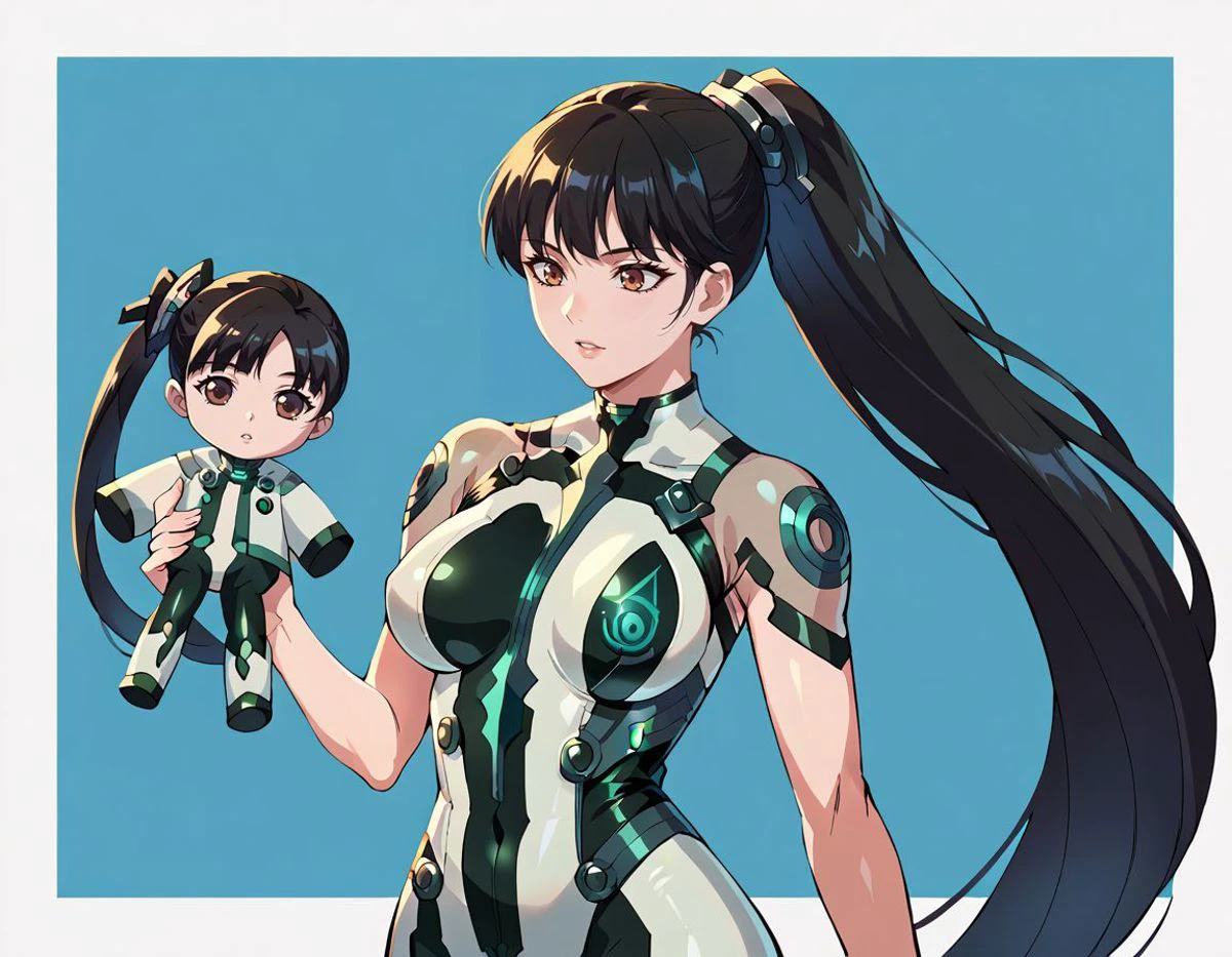 <lora:anipony_XL:0.5>, score_9, score_8_up, score_7_up, solo, source_anime, anime screenshot, flat coloring, rating_general, <lora:Eve_Stellar_Bladde_for_PonyXL:0.8> eve (stellar_blade), ponytail, bangs, thighs, very long hair, large breasts, science fiction, parted lips, skin tight, skin suit, shiny clothes, BREAK simple background <lora:holding_fufu_pony_d16:0.8> holding character doll, upper body shot, holding plushie