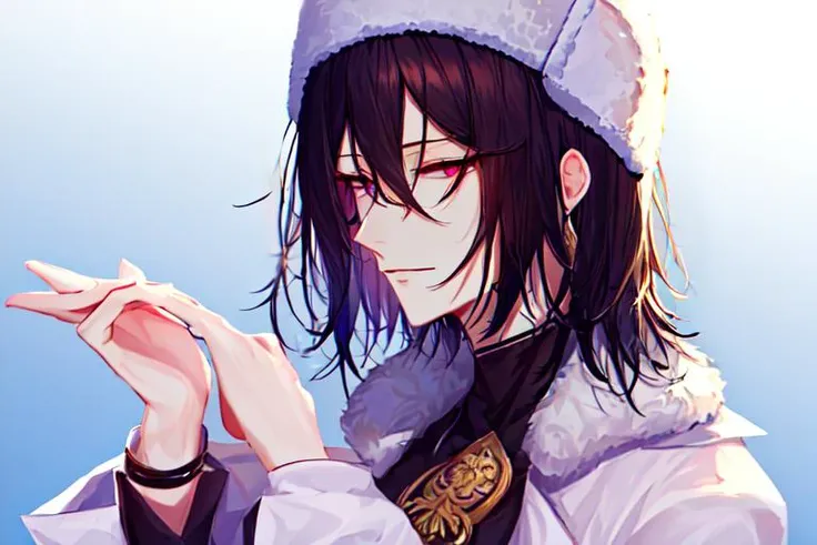 <lora:Fyodor_Dostoyevsky:0.6>, 1boy, solo, male focus, black hair, medium hair, magenta eyes, expressionless, hair between eyes, ushanka, <lora:Stylized_Male_Character_lora:1>