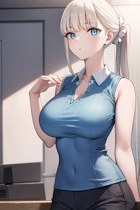 muramai, <lyco:muramai-lyco-nochekaiser:1>,
mura mai, long hair, bangs, blue eyes, blonde hair, scrunchie, hair scrunchie, ponytail, blunt bangs, (large breasts:1.2),
BREAK shirt, sleeveless, blue shirt, collared shirt, cleavage, shorts,
BREAK indoors, classroom,
BREAK looking at viewer, (cowboy shot:1.5),
BREAK <lyco:GoodHands-beta2:1>, (masterpiece:1.2), best quality, high resolution, unity 8k wallpaper, (illustration:0.8), (beautiful detailed eyes:1.6), extremely detailed face, perfect lighting, extremely detailed CG, (perfect hands, perfect anatomy),