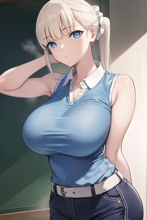 muramai, <lyco:muramai-lyco-nochekaiser:1>,
mura mai, long hair, bangs, blue eyes, blonde hair, scrunchie, hair scrunchie, ponytail, blunt bangs, (large breasts:1.2),
BREAK shirt, sleeveless, blue shirt, collared shirt, cleavage, shorts,
BREAK indoors, classroom,
BREAK looking at viewer, (cowboy shot:1.5),
BREAK <lyco:GoodHands-beta2:1>, (masterpiece:1.2), best quality, high resolution, unity 8k wallpaper, (illustration:0.8), (beautiful detailed eyes:1.6), extremely detailed face, perfect lighting, extremely detailed CG, (perfect hands, perfect anatomy),