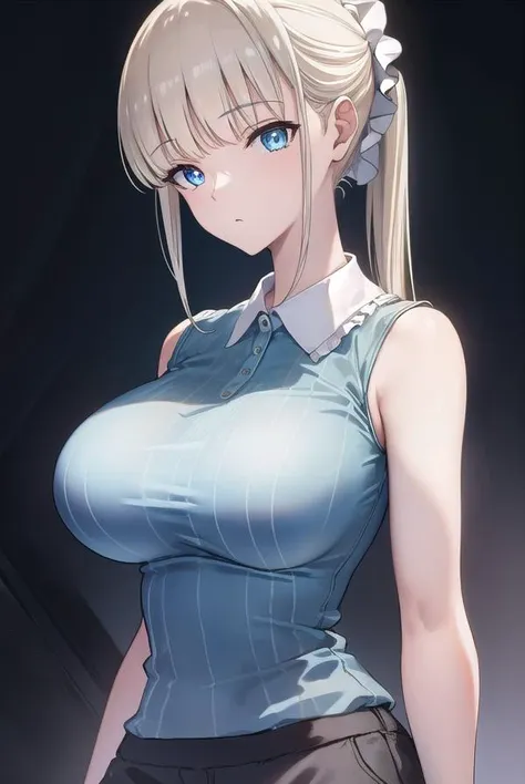 muramai, <lyco:muramai-lyco-nochekaiser:1>,
mura mai, long hair, bangs, blue eyes, blonde hair, scrunchie, hair scrunchie, ponytail, blunt bangs, (large breasts:1.2),
BREAK shirt, sleeveless, blue shirt, collared shirt, cleavage, shorts,
BREAK indoors, classroom,
BREAK looking at viewer, (cowboy shot:1.5),
BREAK <lyco:GoodHands-beta2:1>, (masterpiece:1.2), best quality, high resolution, unity 8k wallpaper, (illustration:0.8), (beautiful detailed eyes:1.6), extremely detailed face, perfect lighting, extremely detailed CG, (perfect hands, perfect anatomy),