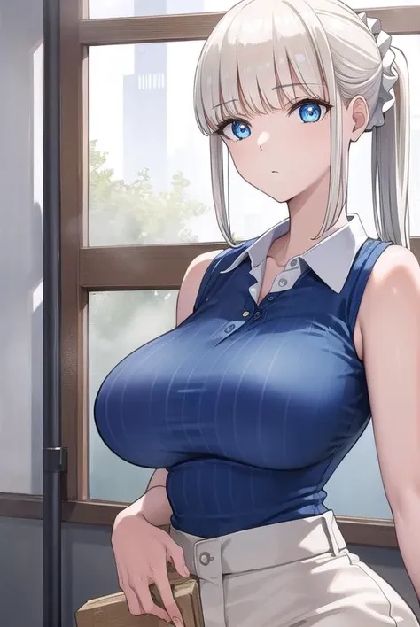 muramai, <lyco:muramai-lyco-nochekaiser:1>,
mura mai, long hair, bangs, blue eyes, blonde hair, scrunchie, hair scrunchie, ponytail, blunt bangs, (large breasts:1.2),
BREAK shirt, sleeveless, blue shirt, collared shirt, cleavage, shorts,
BREAK indoors, classroom,
BREAK looking at viewer, (cowboy shot:1.5),
BREAK <lyco:GoodHands-beta2:1>, (masterpiece:1.2), best quality, high resolution, unity 8k wallpaper, (illustration:0.8), (beautiful detailed eyes:1.6), extremely detailed face, perfect lighting, extremely detailed CG, (perfect hands, perfect anatomy),