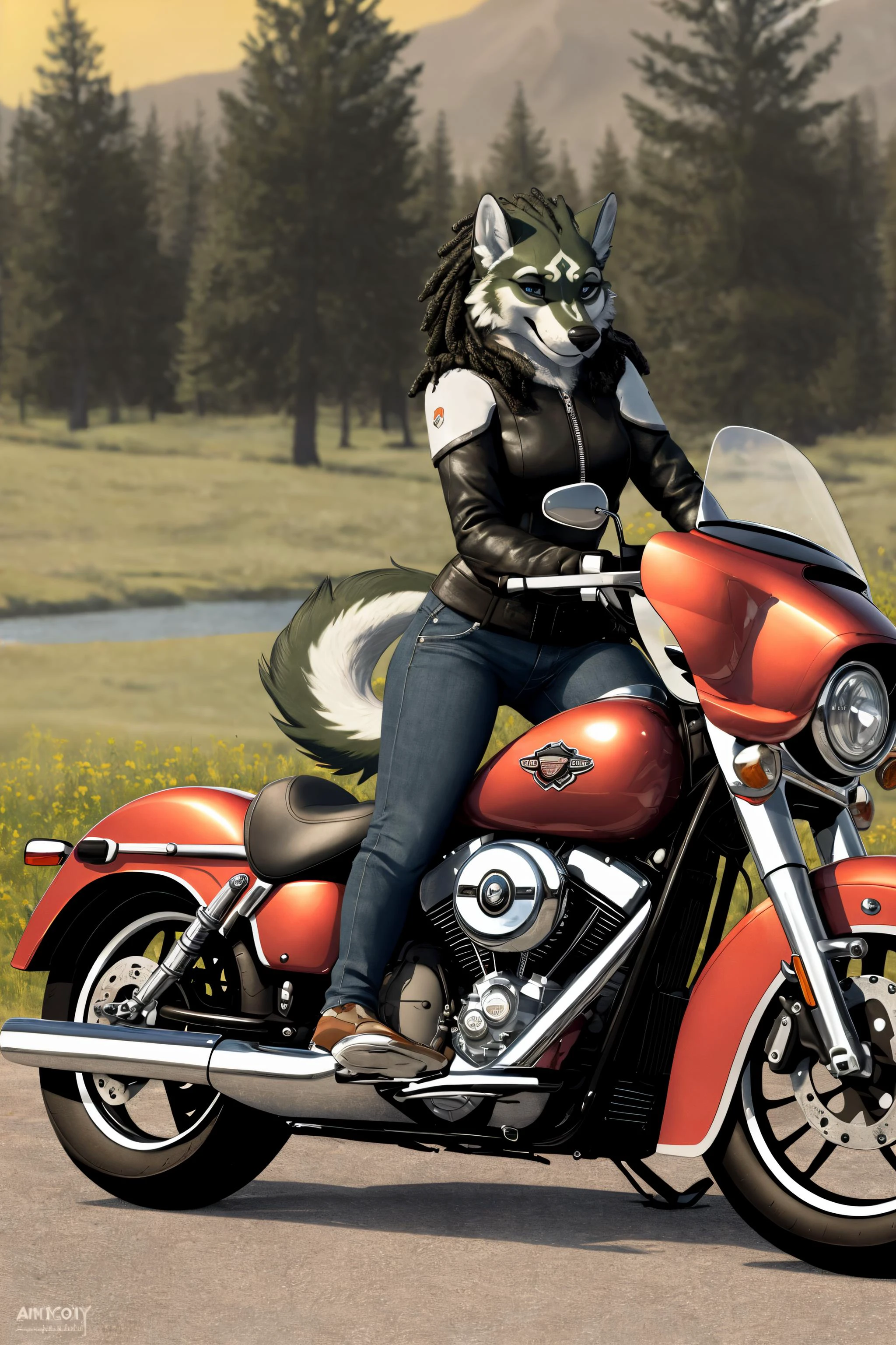 wolflink, female, smile, fur, anthro,panorama, cloth, harley davidson, <lora:wolflink-v1-novelai:0.8>