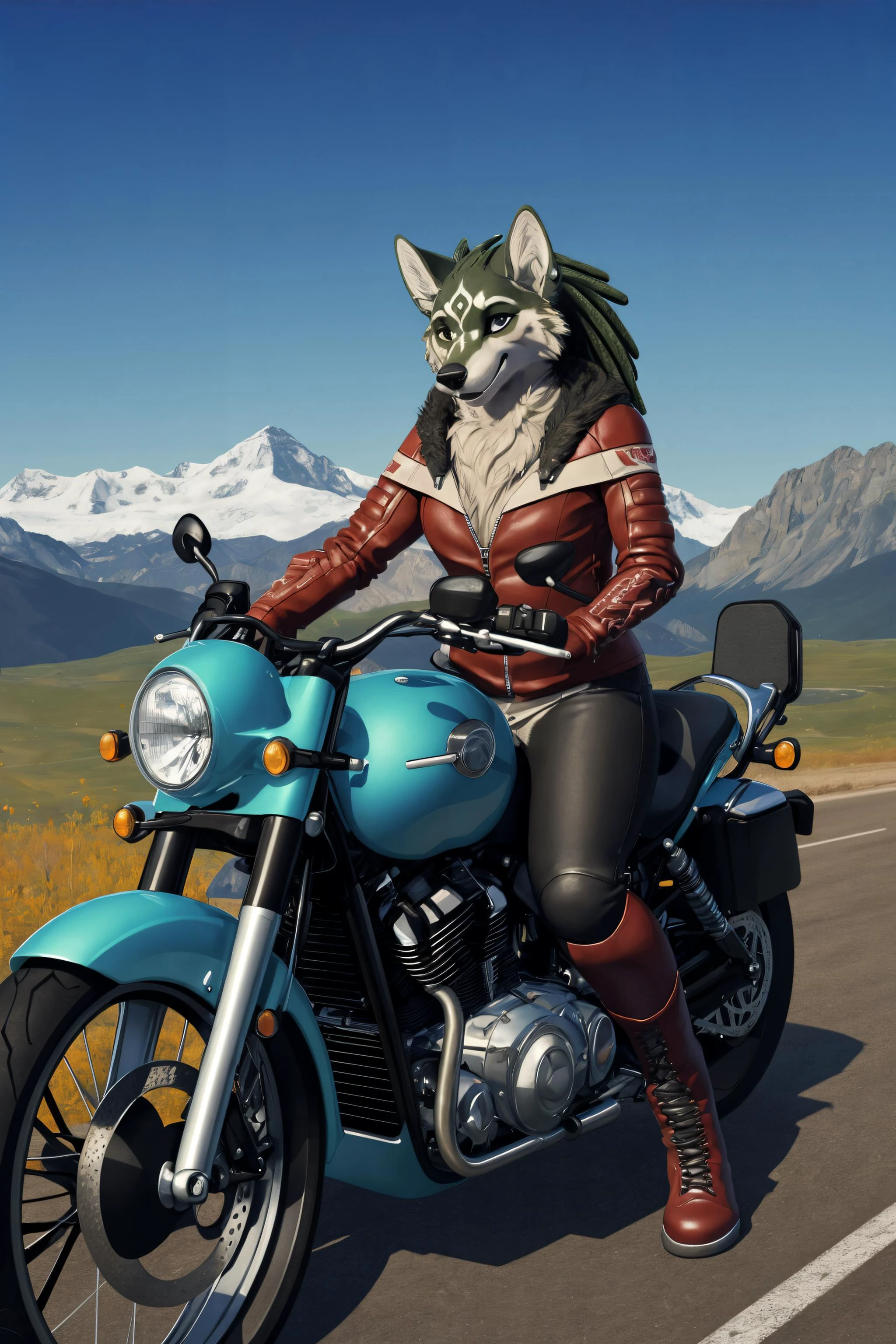 wolflink, female, smile, fur, anthro,panorama, cloth, motorbike, <lora:wolflink-v1-novelai:0.8>