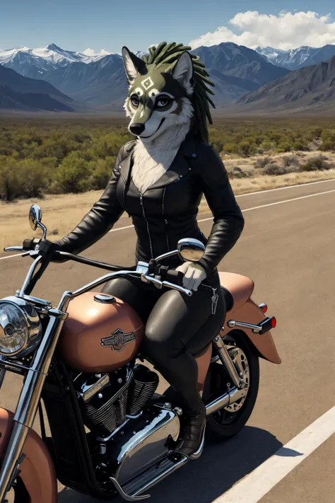 wolflink, female,  smile,  fur,   anthro,panorama, cloth, harley davidson, <lora:wolflink-v1-novelai:0.8>