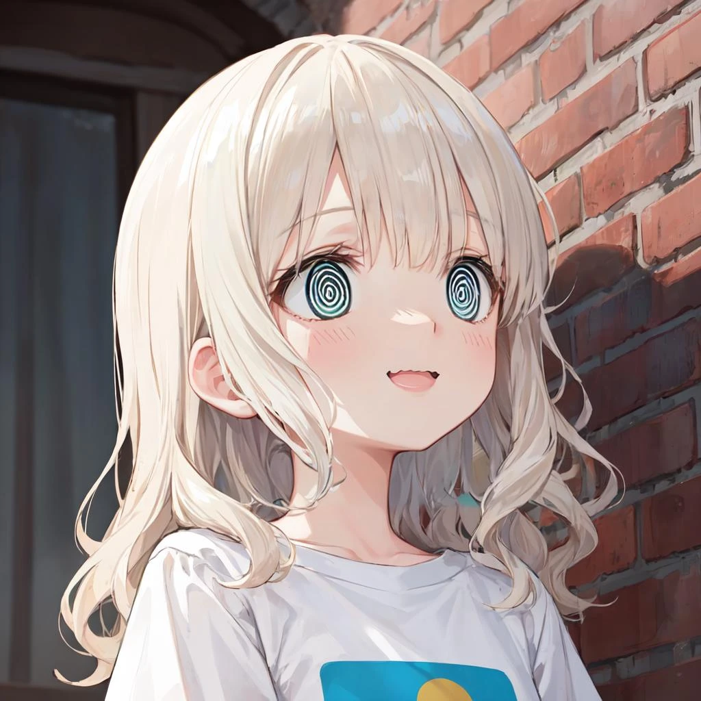 1 girl, best quality, ultra detailed, platinum blond hair, medium hair, (straight hair:1.5), side braids, green eyes, (round eyes:1.2), (wavy mouth:1.3), (:D:1.4), (looking away:1.4), (looking up:1.1), face only close up, t-shirt, standing, (fron below:1.1), brick back ground, <lora:grgr-eye:0.8>