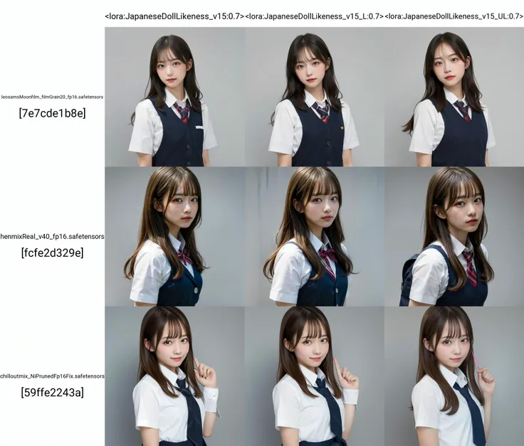 (masterpiece, best quality:1.3), upper body, solo, a cute girl, school uniform, simple grey background <lora:JapaneseDollLikeness_v15:0.7>