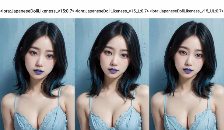 (superflat, flat shading, flat colors), masterpiece, best quality, magazine cover, samsung ad for handphone, , text, ,nude, blue hair, half body,