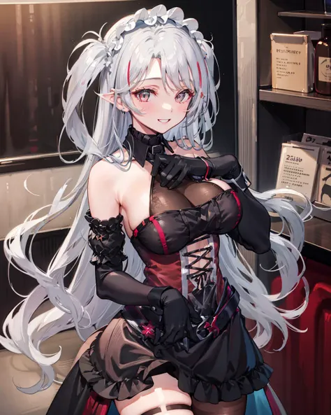 1girl,large breasts,  <lora:EugenNightV1[eugennight]:0.9>,bare shoulders,indoors,light smile, elbow gloves, (lifted by self:1.3)