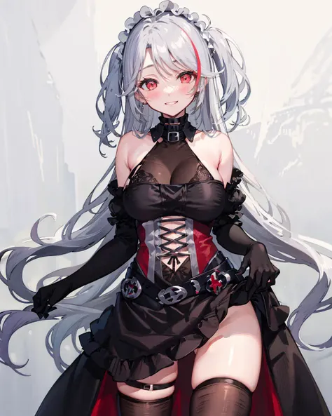 large breasts,  <lora:EugenNightV1[eugennight]:0.9>,eugennight, 1girl, breasts, solo, large breasts, ass visible through thighs, looking at viewer, bare shoulders, lifted by self, blush, red eyes, clothes lift, smile, thighs, skindentation,, see-through, cleavage, skirt lift, groin,elbow gloves,