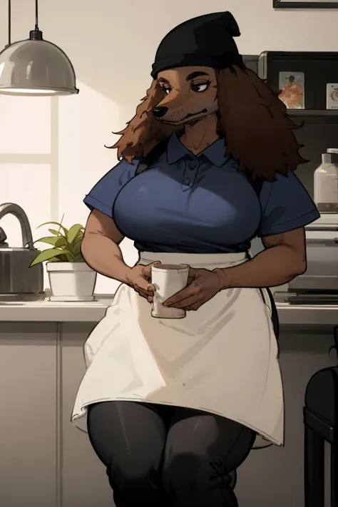 (masterpiece, best quality:1.2), <lora:sam_(bts):.9>, sam (bts), 1girl, solo, furry, apron, breasts, hat, shirt, furry female, collared shirt, animal ears, blue shirt, short sleeves, plump, waist apron, black headwear, snout, dog girl, large breasts, dog ears, pants, black pants, black eyes, beanie, white apron, animal nose, long hair, body fur, brown fur, flower, sitting, window, indoors, shelf, plant, vase, potted plant, looking away, polka dot,