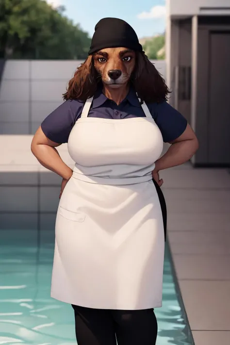 (masterpiece, best quality:1.2), <lora:sam_(bts):.9>, sam (bts), 1girl, solo, furry, apron, breasts, hat, shirt, furry female, collared shirt, animal ears, blue shirt, short sleeves, plump, waist apron, black headwear, snout, dog girl, large breasts, dog ears, pants, black pants, black eyes, beanie, white apron, animal nose, long hair, body fur, brown fur, water, wading, ocean, outdoors, looking at viewer, foreshortening, closed mouth, day
