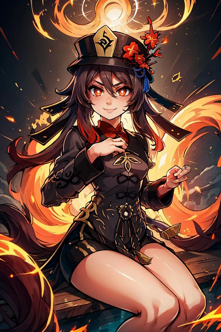 <lora:Aura_v1:0.6>, Aura, energy, glowing,swirling energy, dynamic pose,((masterpiece,best quality)), <lora:hutao1-000009:1>, hutaodef, cowboy shot, sitting, smile,