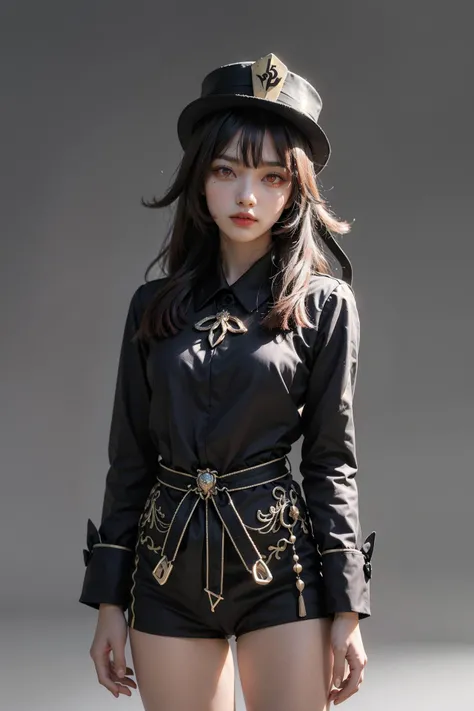(best quality, masterpiece:1.4), absurdres, ultra-detailed CG, 8k, high detailed, beautiful face, detailed face, 1girl, solo, <lora:huTaoGenshinImpact_v10:1>, hutaodef, flat chest, toned, shiny skin, head tilt, standing still, ((grey background)), bloom, light particles, depth of field, cowboy shot, straight-on,