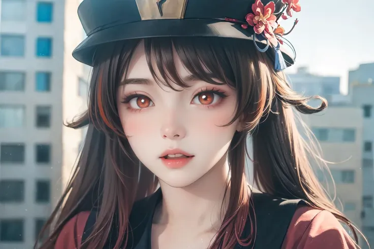 (masterpiece:1.4, best quality), (extremely intricate), highly detailed, (realistic), (absurdres), ultra detailed, beautiful and aesthetic, (photorealistic:1.4), dynamic angle, hdr, sharp focus, (atmospheric depth), soft lighting, (photo)perfect lighting, unity 8k wallpaper, volumetric lighting, Raw photo, (film overlay, film grain:1.3), motion blur, professional photograph, high shutter speed, freezing motion, depth of field, <lora:Heavy_grain:0.6>, analog film style, clear blue sky, well lit,
(POV, fov), dreamy ambiance, mesmerizing depth, dynamic perspective,
(1girl, giantess), <lora:hutao1:1>, (hutaodef), hat, slender:1.2, (finely detailed beautiful eyes, highly detailed eyes), (perfect detailed face), (looking down:1.4, looking below), (orange and red eyes, multicolored eyes, eyes reflection), ((flower shaped pupils)), (full blush, embarrassed, open mouth), (vellus hair on arms), (public indecency, nude, barefoot, nipples, medium breasts, collarbone),
(illustrate hu tao looking down at the tiny city, showcasing her enormous size compared to the rest of the tiny city, cracking the ground, collapsing buildings),
(skyscraper, building, small clouds), ((destruction, debris, chaos, catastrophe)), (((GTSlarge))), <lora:add_detail:0.4> <lora:GTSlargeV1_3-03:1.5>