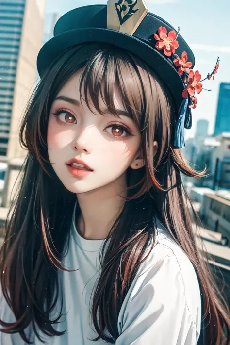 (masterpiece:1.4, best quality), (extremely intricate), highly detailed, (realistic), (absurdres), ultra detailed, beautiful and aesthetic, (photorealistic:1.4), dynamic angle, hdr, sharp focus, (atmospheric depth), soft lighting, (photo)perfect lighting, unity 8k wallpaper, volumetric lighting, Raw photo, (film overlay, film grain:1.3), motion blur, professional photograph, high shutter speed, freezing motion, depth of field, <lora:Heavy_grain:0.6>, analog film style, clear blue sky, well lit,
(POV, fov), dreamy ambiance, mesmerizing depth, from below,
1girl, giantess, <lora:hutao1:1>, (hutaodef), hat, slender:1.2, (finely detailed beautiful eyes, highly detailed eyes), (perfect detailed face), (looking down), (orange and red eyes, multicolored eyes, eyes reflection), ((flower shaped pupils)), (full blush, embarrassed, open mouth), (vellus hair on arms),
(illustrate hu tao looking down at the tiny city, showcasing her enormous size towering over the city, cracking the ground, collapsing buildings),
(skyscraper, building, city, street, small clouds, destruction, smoke, debris, chaos, catastrophe), ((gtslarge)), <lora:add_detail:0.4> <lora:GTSlargeV1_3-09:1.5>