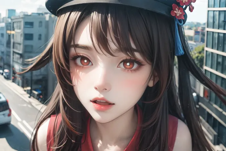 (masterpiece:1.4, best quality), (extremely intricate), highly detailed, (realistic), (absurdres), ultra detailed, beautiful and aesthetic, (photorealistic:1.4), dynamic angle, hdr, sharp focus, (atmospheric depth), soft lighting, (photo)perfect lighting, unity 8k wallpaper, volumetric lighting, Raw photo, (film overlay, film grain:1.3), motion blur, professional photograph, high shutter speed, freezing motion, depth of field, <lora:Heavy_grain:0.6>, analog film style, clear blue sky, well lit,
(POV, fov), dreamy ambiance, mesmerizing depth, dynamic perspective,
(1girl, giantess), <lora:hutao1:1>, (hutaodef), hat, slender:1.2, (finely detailed beautiful eyes, highly detailed eyes), (perfect detailed face), (looking down:1.4, looking below), (orange and red eyes, multicolored eyes, eyes reflection), ((flower shaped pupils)), (full blush, embarrassed, open mouth), (vellus hair on arms), (public indecency, nude, barefoot, nipples, medium breasts, collarbone),
(illustrate hu tao looking down at the tiny city, showcasing her enormous size compared to the rest of the tiny city, cracking the ground, collapsing buildings),
(skyscraper, building, small clouds), ((destruction, debris, chaos, catastrophe)), (((GTSlarge))), <lora:add_detail:0.4> <lora:GTSlargeV1_3-03:1.5>