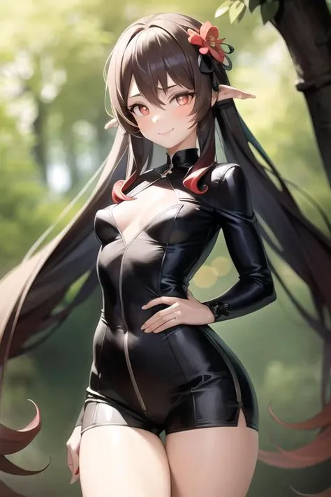 1girl, forest, brown_hair, amber_eyes, blush, breasts, closed_mouth, flower, hair_flower, hair_ornament, dressed, smile, solo, long hair, Realistic painting style, looking at viewer, solo, smile, shiny hair, full body, detailed, red eyes, ((small breasts)), (((ultra detailed))), masterpiece, realistic style, tall, smug, highly detailed, ((extremely detailed CG)),legs, horny face, black shorts, <lora:hutao1-000009:1>, small thighs, jacket