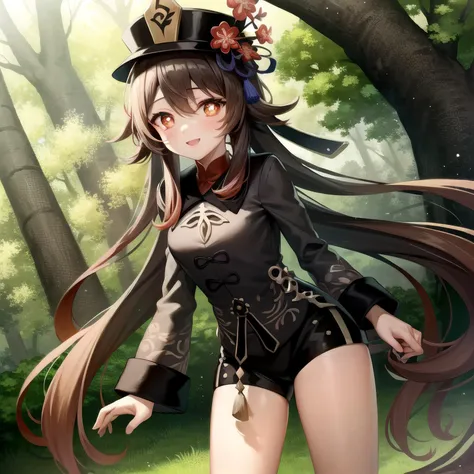 extremely detailed CG, high resolution, best quality, masterpiece, (bishoujo:1.3), (game cg), hutaodef, smile, forest, <lora:hutao1-000009:1> <lora:huTaoGenshinImpact_v10:1>