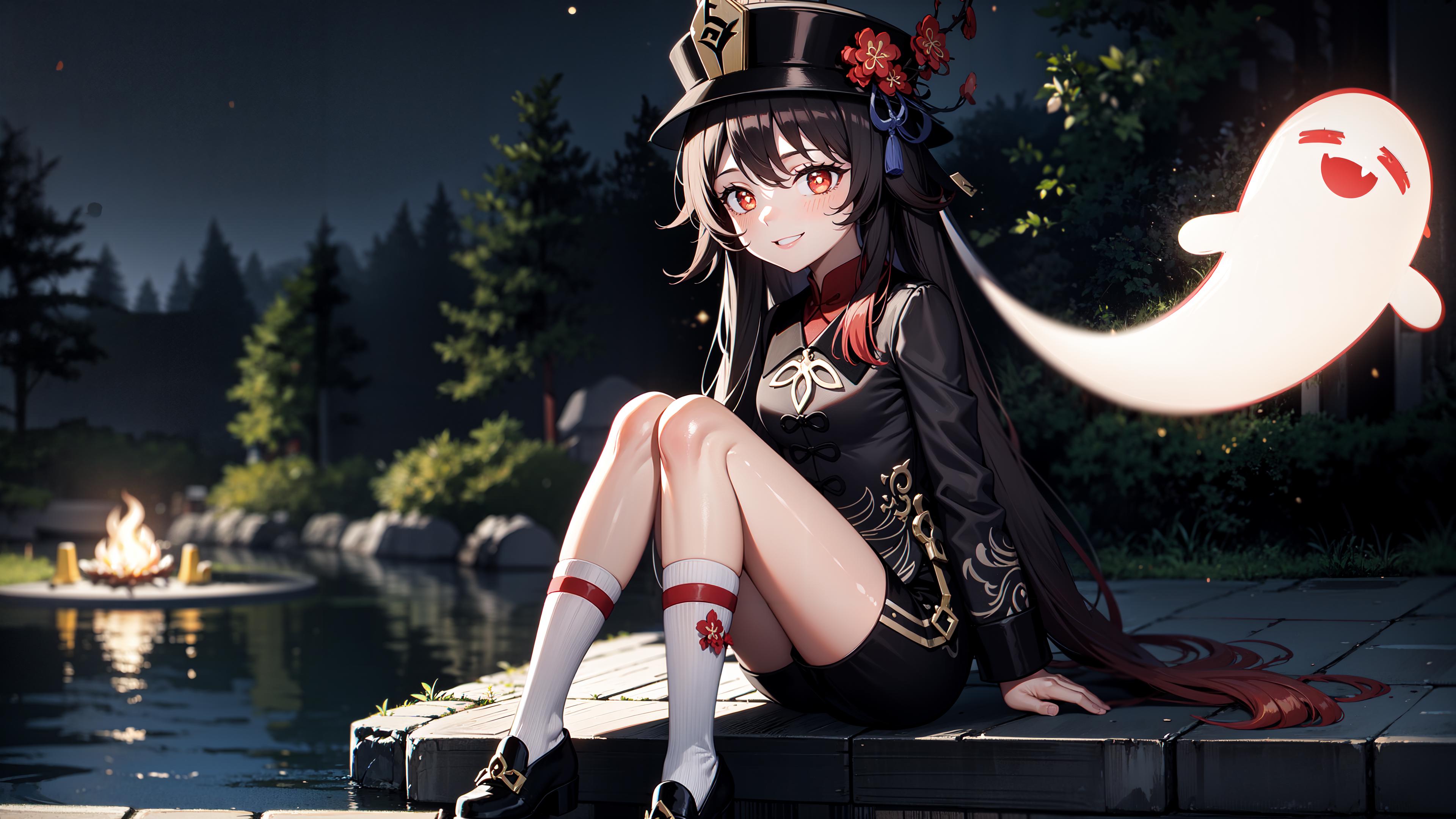 Anime girl sitting on a dock with a ghost floating in the background ...