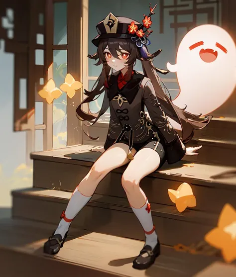 (masterpiece, best quality), (illustration), 1girl, hu tao (genshin impact), boo tao,hat, red eyes, twintails, brown hair, solo, symbol-shaped pupils, long hair,bangs, black shorts , chinese clothes, <lora:hutao1:1> hutaornd,sitting, sitting on stairs, chinese architecture
