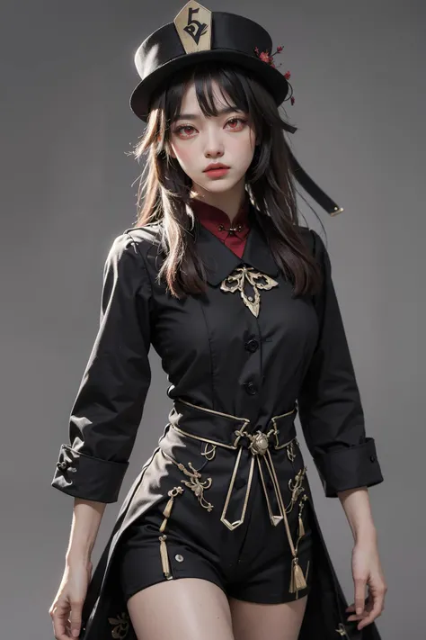 (best quality, masterpiece:1.4), absurdres, ultra-detailed CG, 8k, high detailed, beautiful face, detailed face, 1girl, solo, <lora:huTaoGenshinImpact_v10:1>, hutaodef, toned, shiny skin, head tilt, standing still, ((grey background)), bloom, light particles, depth of field, cowboy shot, straight-on,